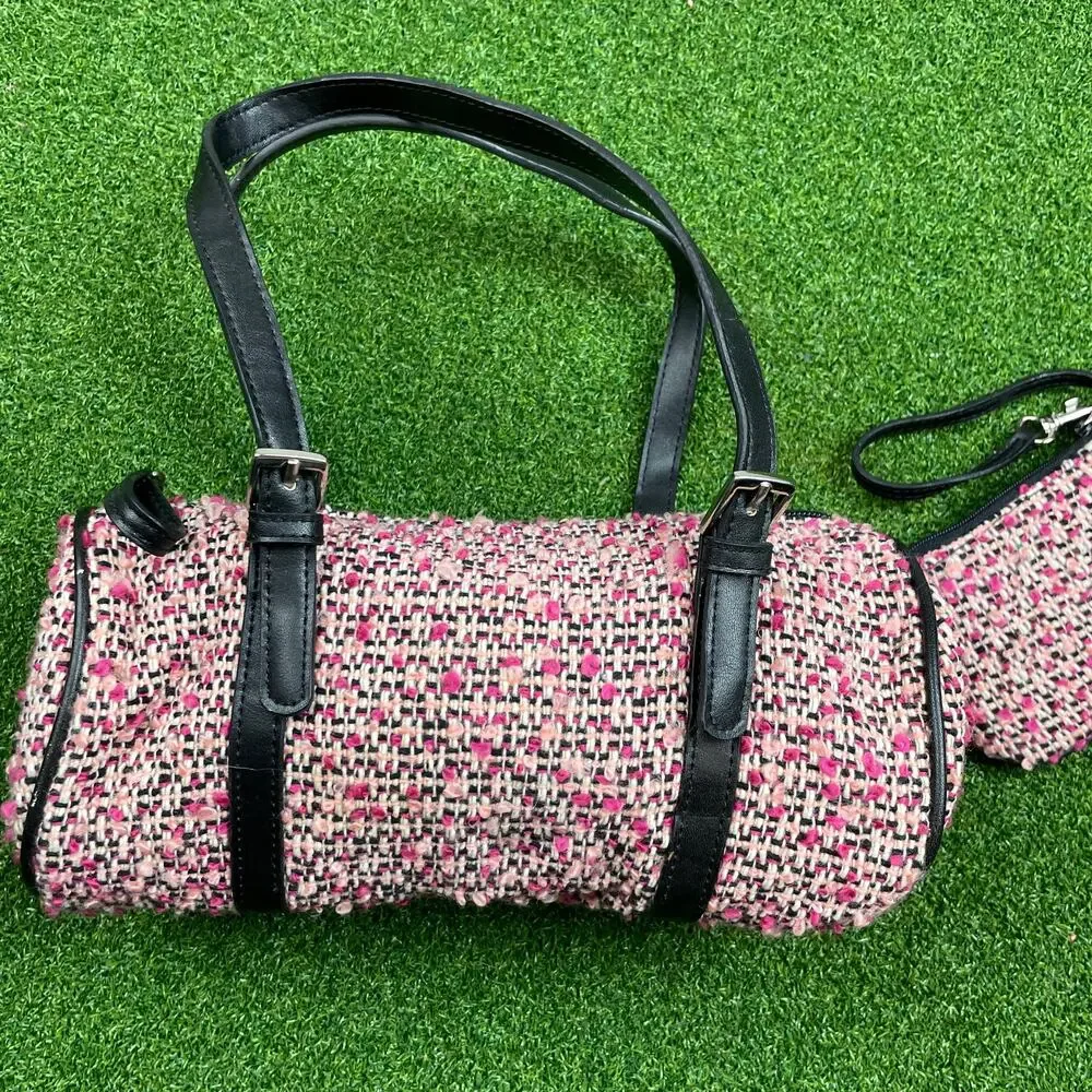 Vintage Amanda Smith Pink Tweed Barrel Bag with Coin Purse